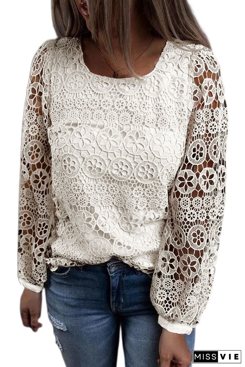 Beige Lace Contrast Hollow-Out Long Sleeve Blouse