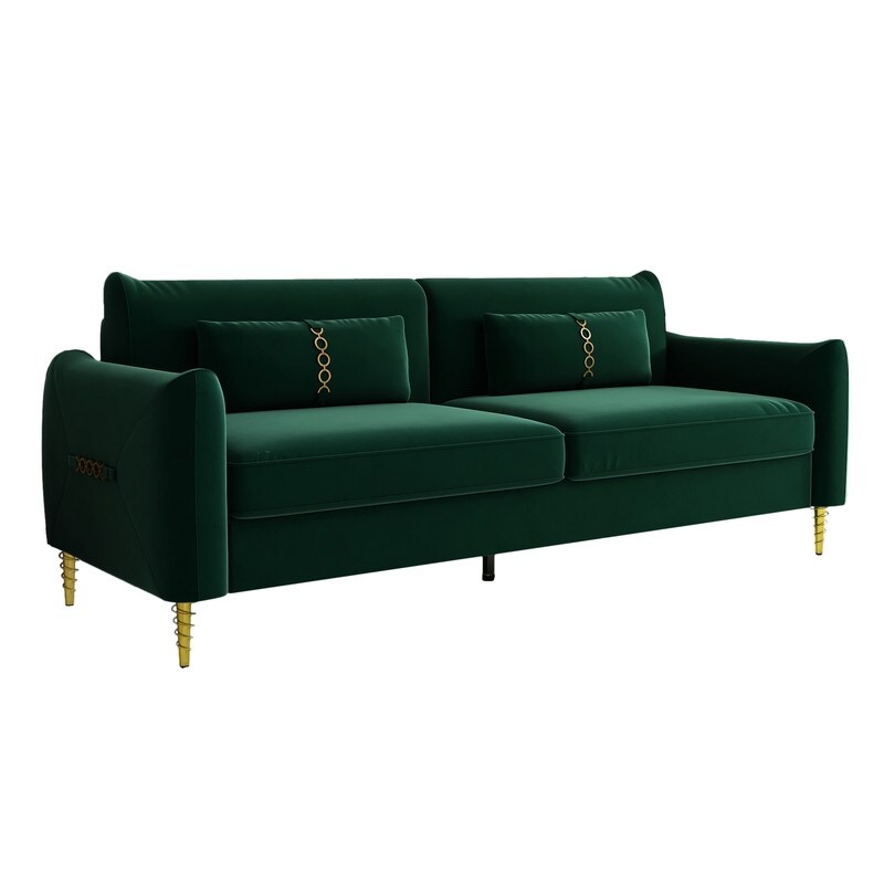 Short Plush Upholstered 3 Seater Sofa Modern Living Room Couch Sofa with Deep Padded Seat Sofa and Metal Legs  Includes Pillows