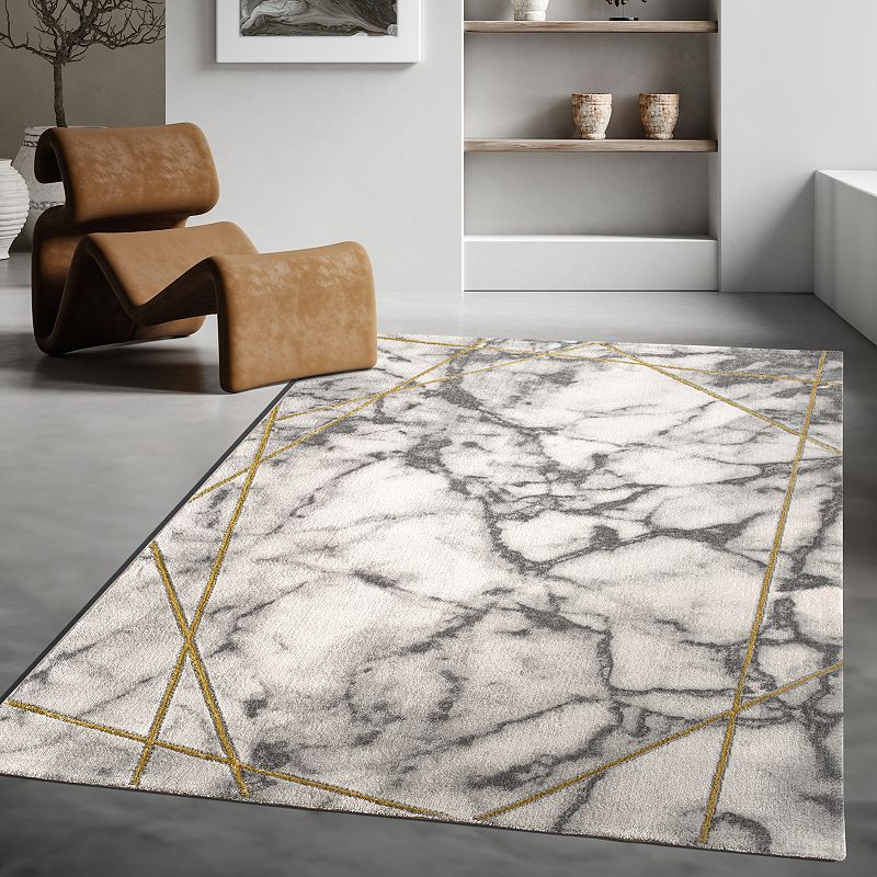 Area Rug Modern Marble Pattern in cream gold grey for living room