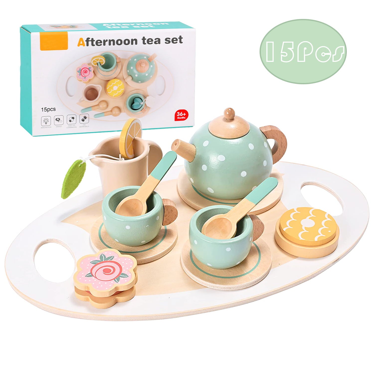 Sytle-Carry Wooden Toy Tea Set, Montessori Kitchen Toys for 3 4 5 Years Old Girls and Boys, Wooden Play Kitchen Accessories