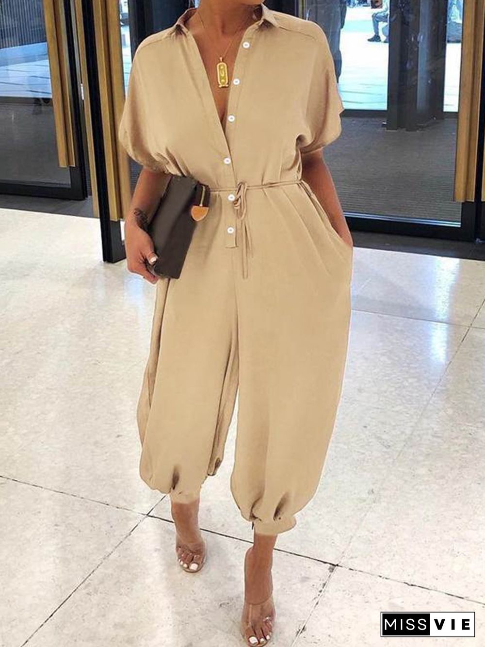 Short Sleeve V Neck Casual Jumpsuits