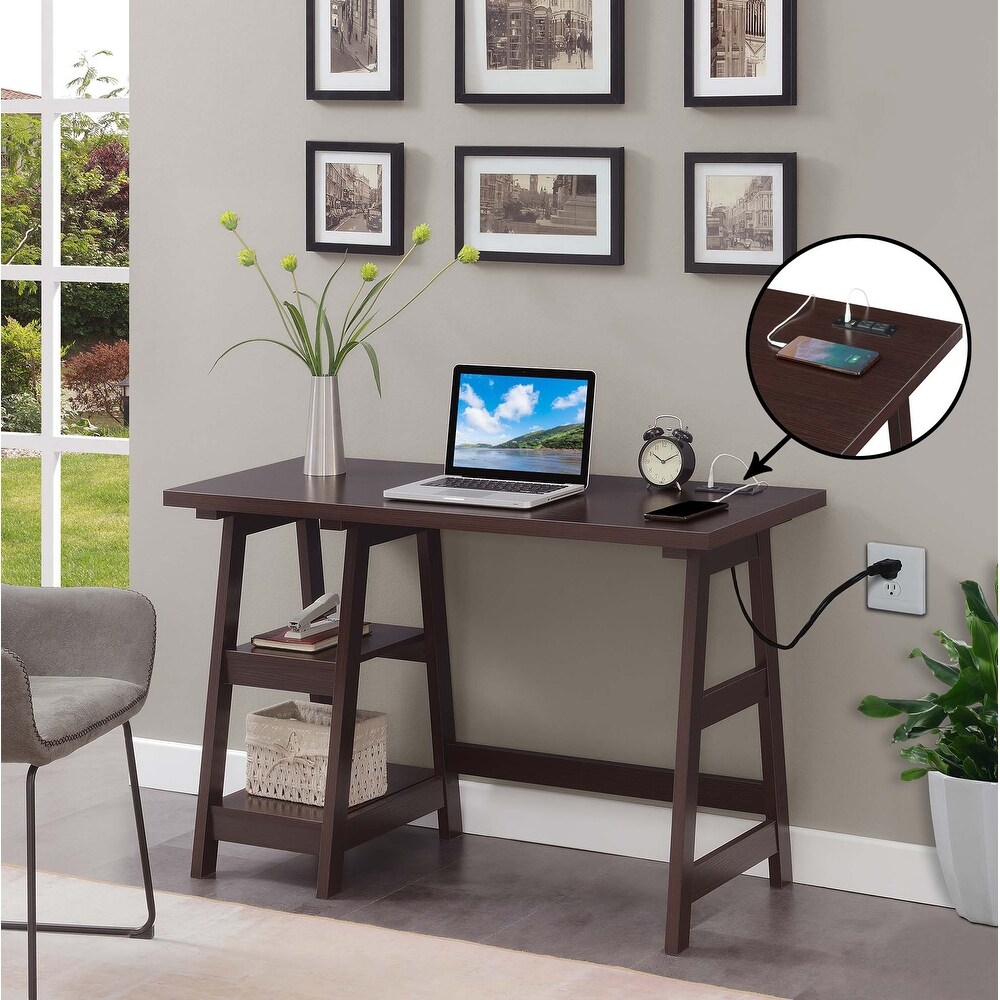 Convenience Concepts Designs2Go Trestle Desk with Charging Station and Shelves