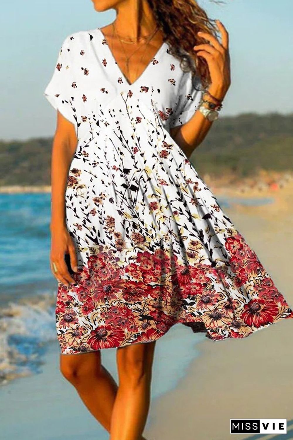 V-Neck Floral Print Short Sleeve Dress