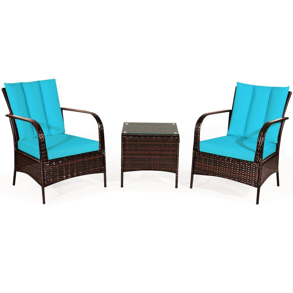 Costway Brown 3-Piece Wicker Patio Conversation Seating Set with Turquoise Cushions HW65850TU