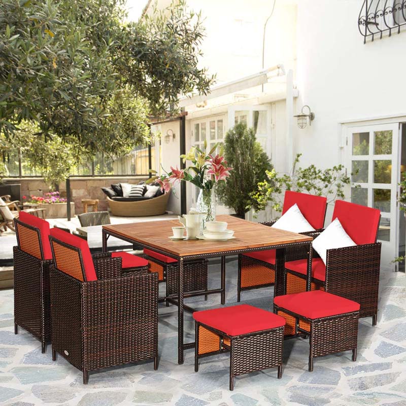 9 Pcs Rattan Wicker Outdoor Patio Dining Set with Acacia Wood Dining table, 4 Ottomans, 4 Cushioned Armchairs