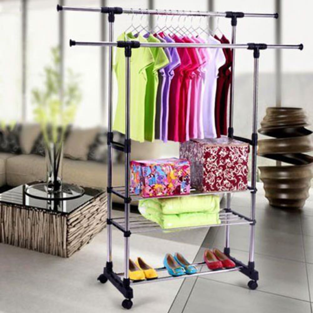 Ktaxon Clothing Garment Rack Adjustable Height Double Hanging Rail with 3-Tier Shelves