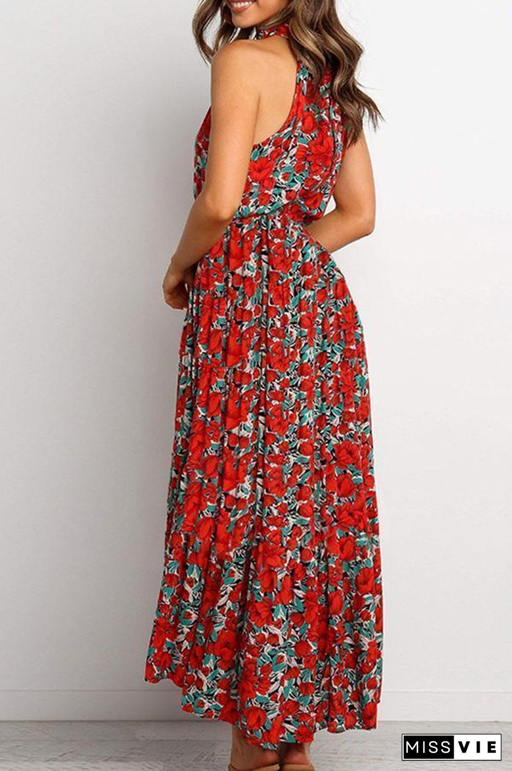 Halter Neck Print Lace-Up Maxi Dress P12239