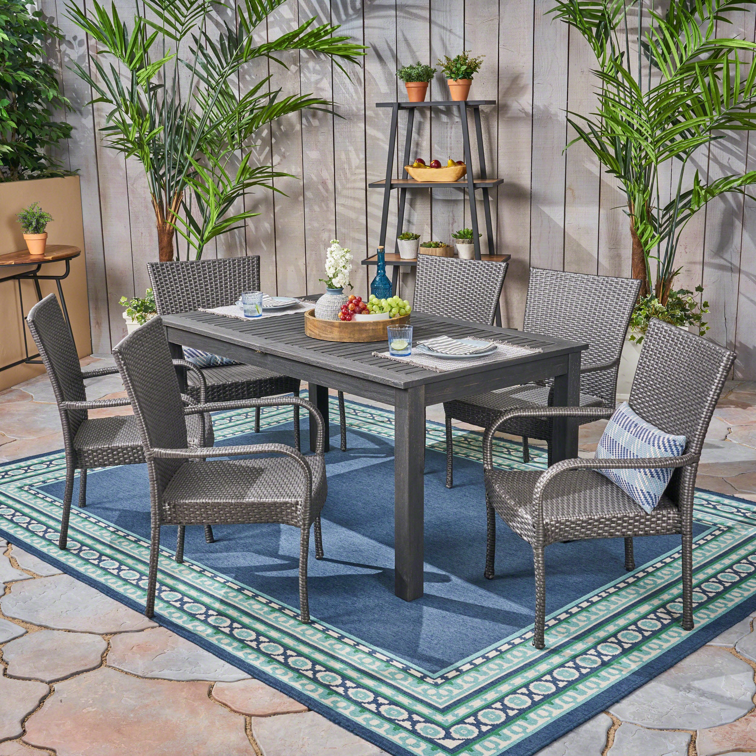 Ellis Outdoor 7 Piece Wood and Wicker Expandable Dining Set