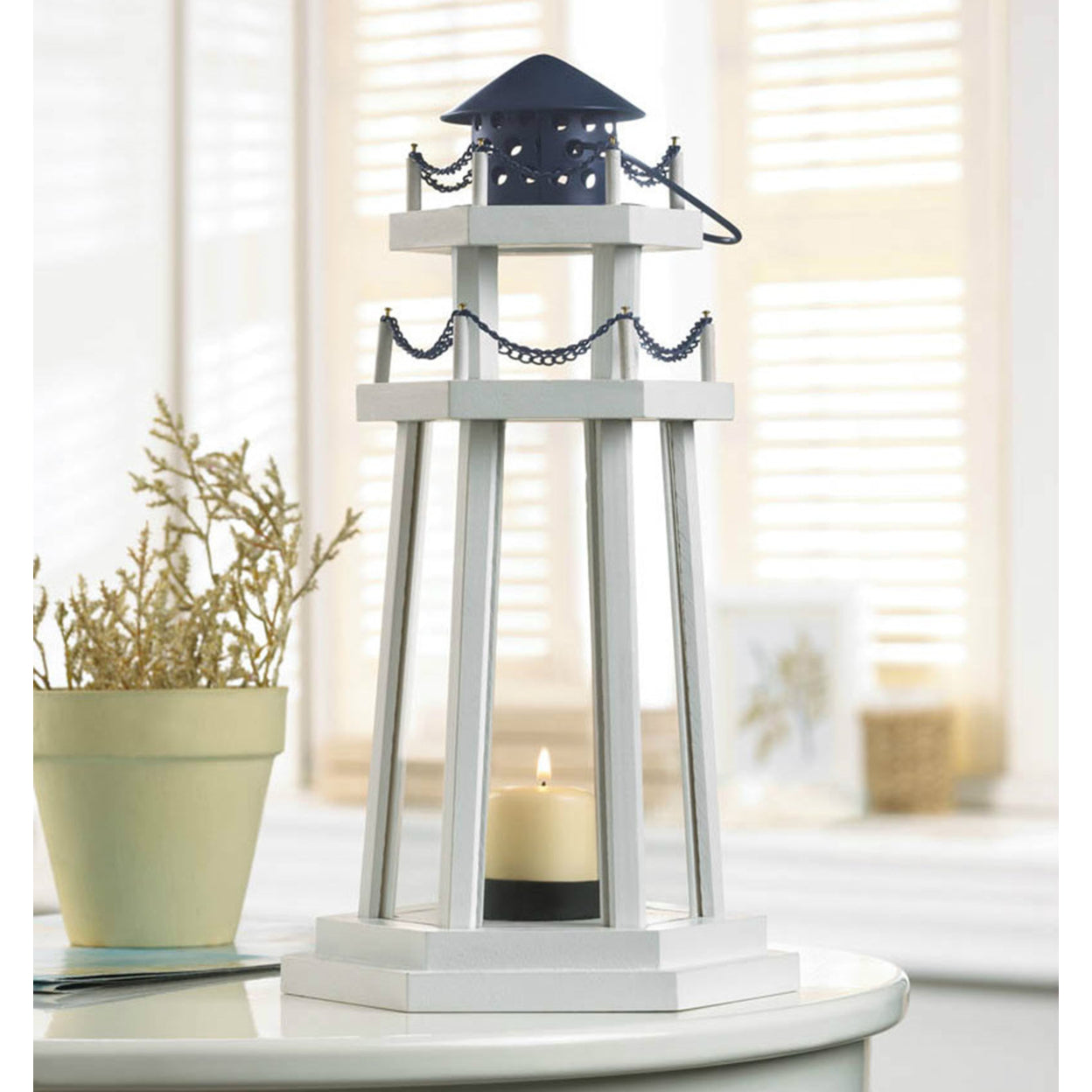 Home Decorative White Wood Lighthouse Candle Lantern