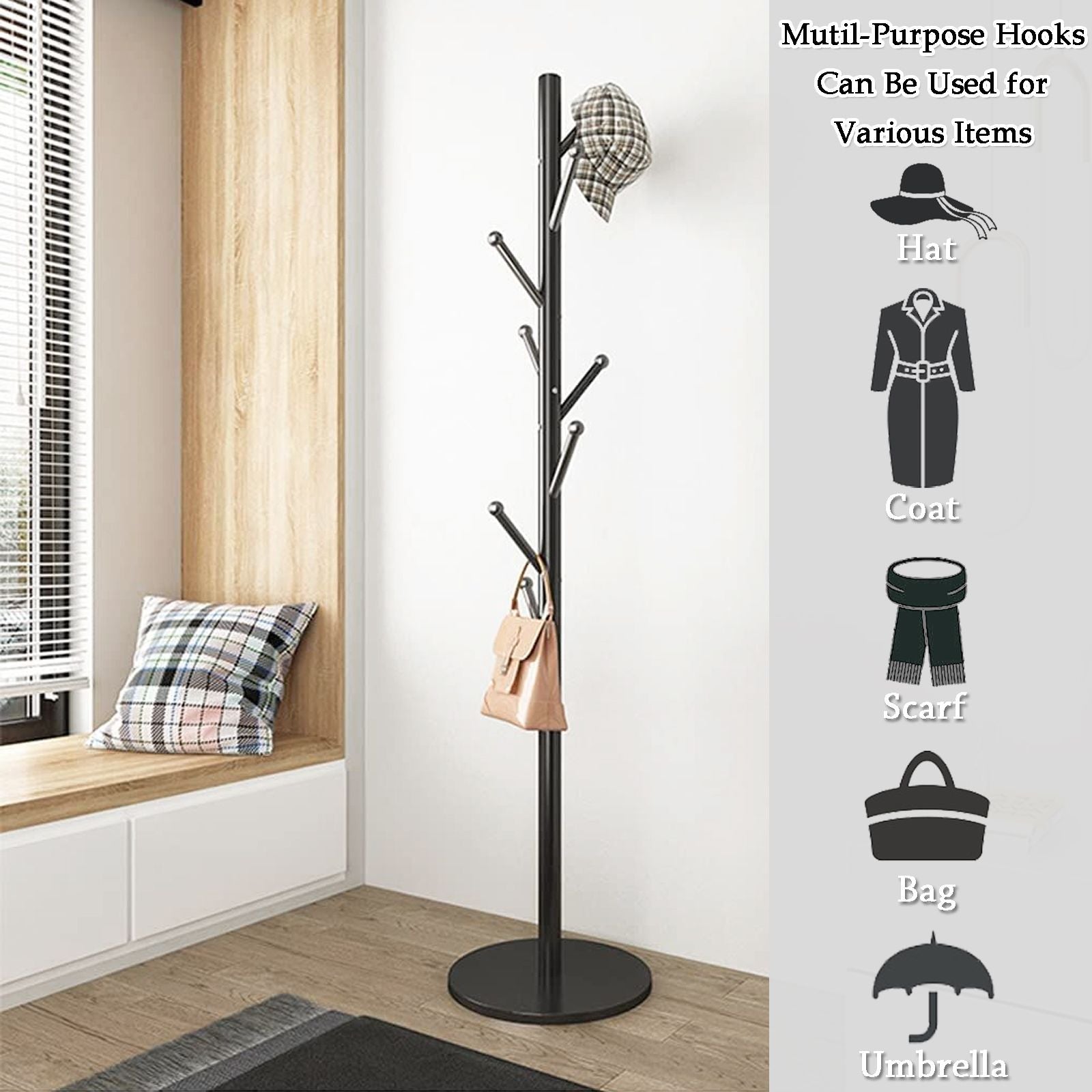 CINYOYO 8 Hooks Metal Coat Rack Stand Entryway Hall Tree with Solid Round Wooden Base， Freestanding Hat Hanger Organizer Simple Umbrella Tree Stand for Jacket， Purse， Scarf， Black