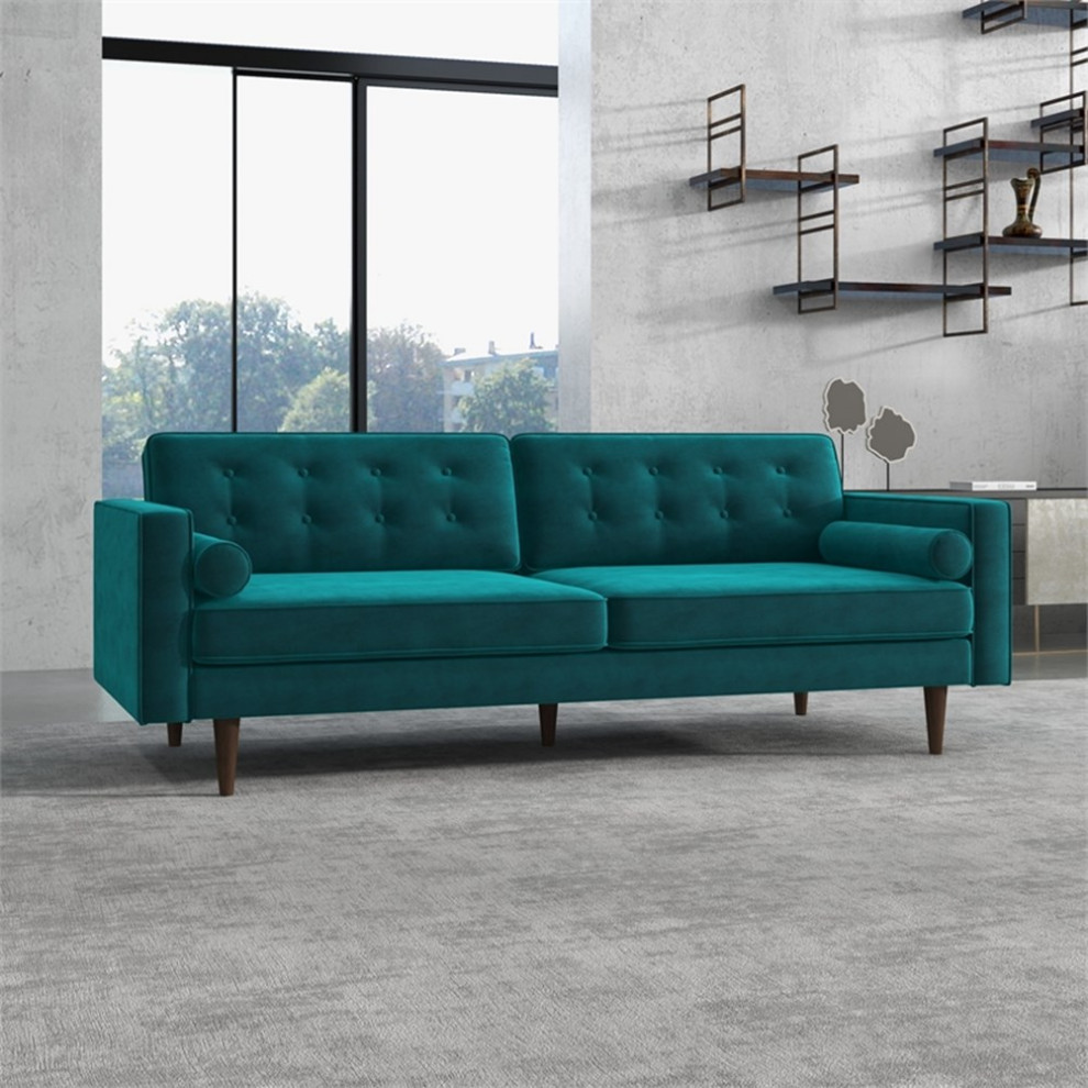 Madoc Mid Century Upholstered Tufted Back Turquoise Velvet Sofa   Midcentury   Sofas   by Homesquare  Houzz