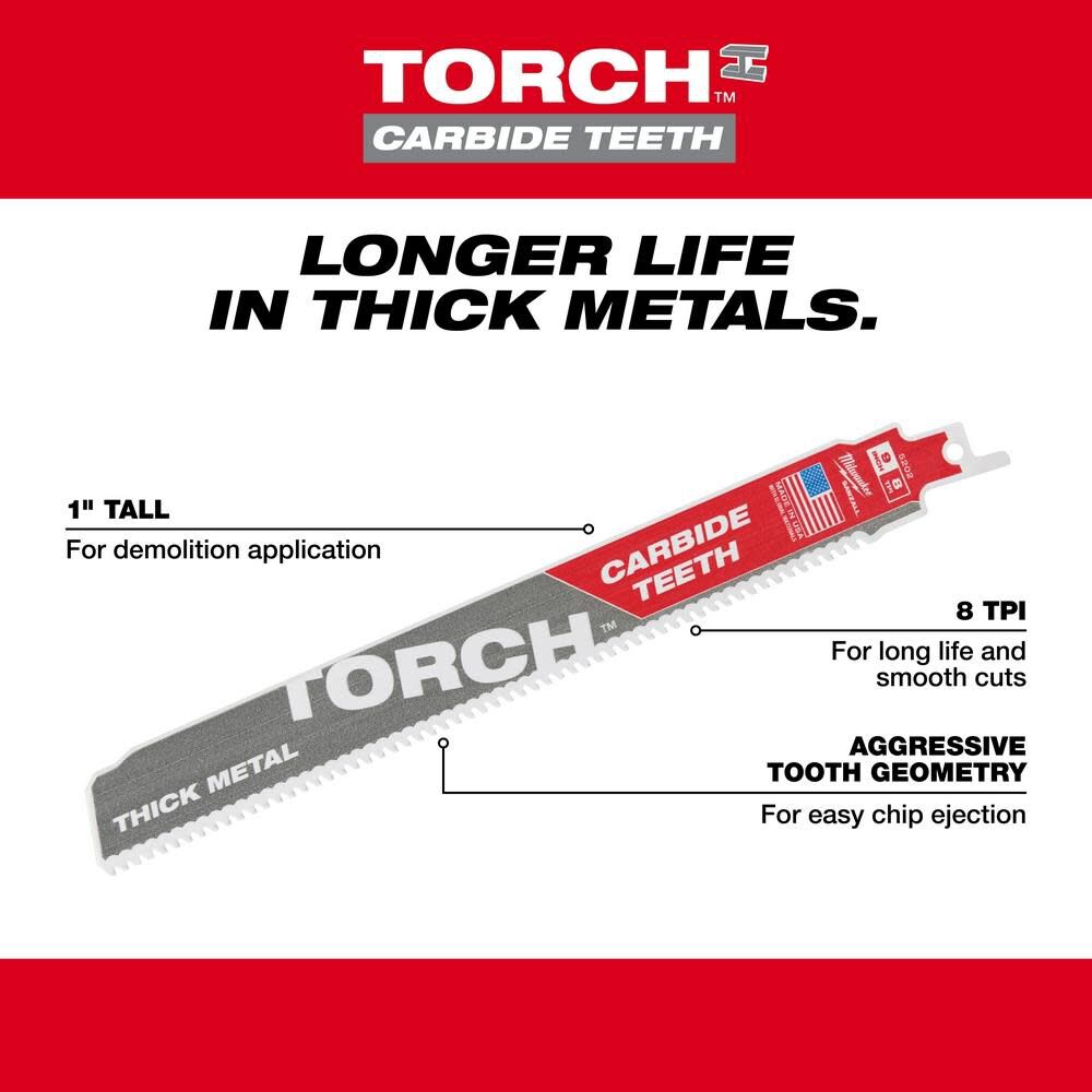 Milwaukee 9 in. 7TPI THE TORCH Carbide Teeth SAWZALL Blade 48-00-5202 from Milwaukee