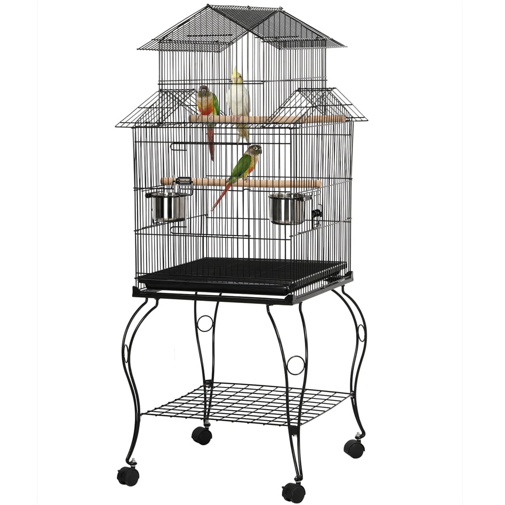 SMILE MART Metal Rolling Bird Cage with Triple Roof Detachable Stand for Birds Finches Lovebirds Canaries Cockatiels Conures Parakeets， Black