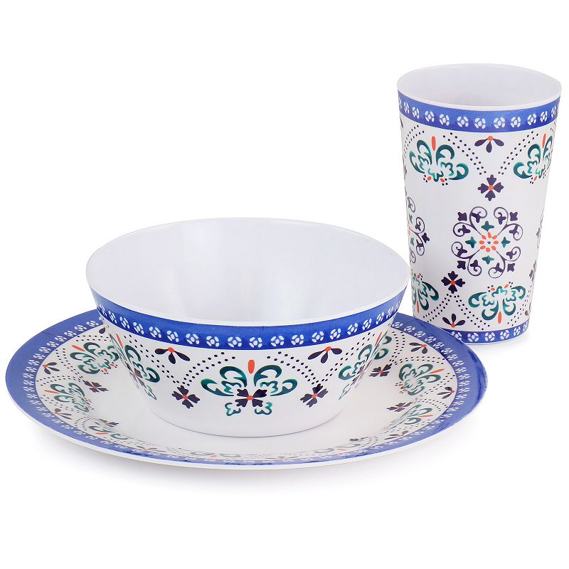 Gibson Everyday Alhambra Blues 12 Piece Melamine Dinnerware Set in Blue and White