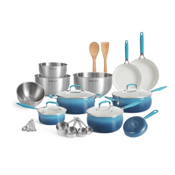 25 Piece Ceramic Nonstick Aluminum Easy Clean Cookware Set， Ombre Teal