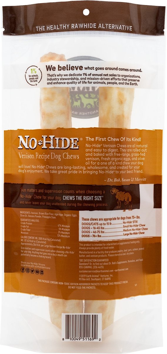 Earth Animal No-Hide Long Lasting Natural Rawhide Alternative Venison Recipe Large Chew Dog Treats， 2 count