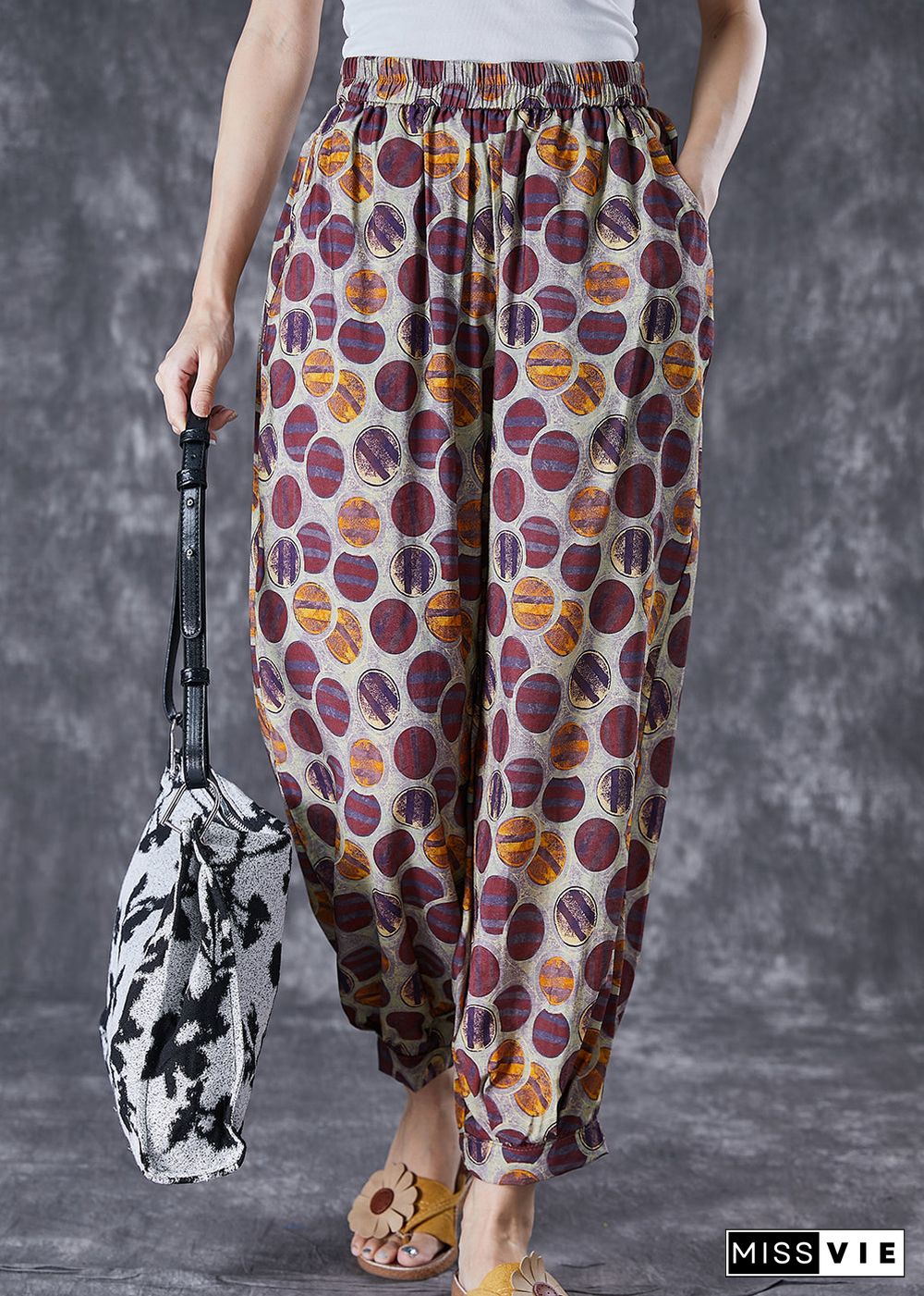 Purple Print Loose Linen Silk Harem Pants Elastic Waist Summer