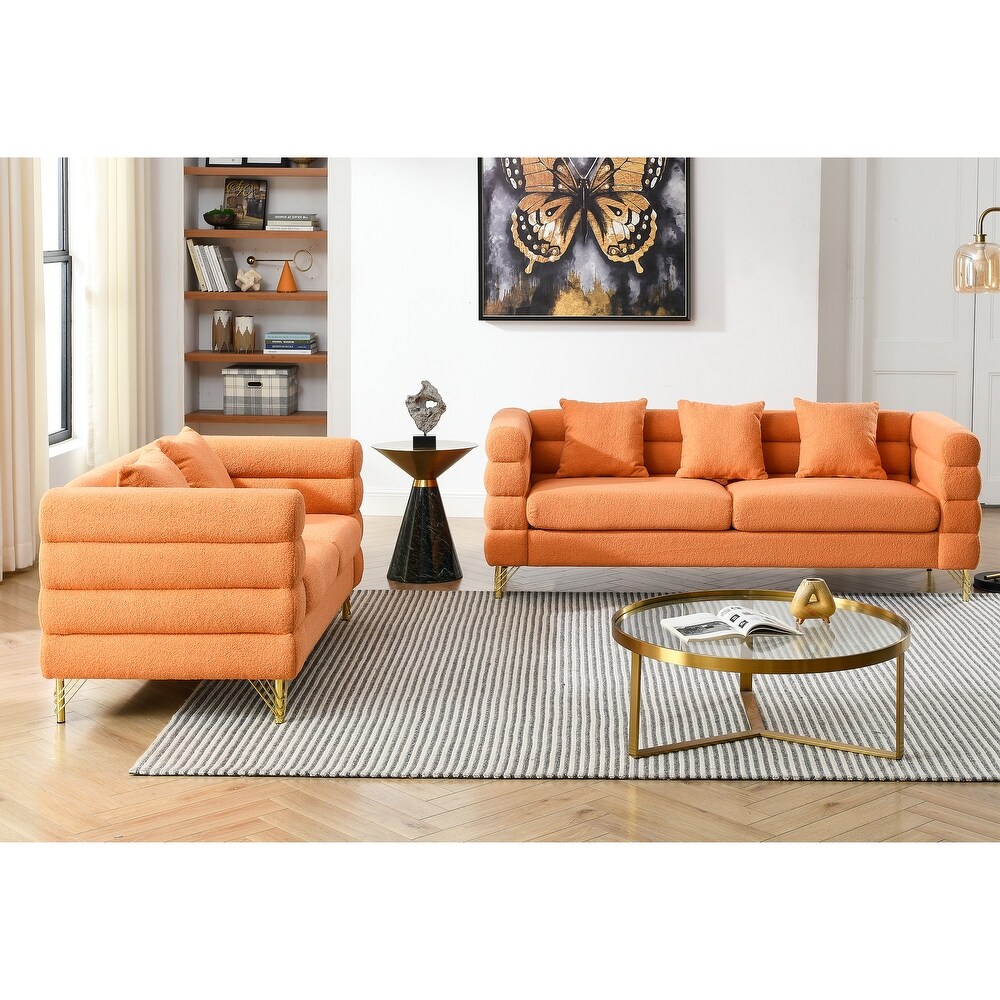 Stacked Sectional Sofa Sets Teddy Fabric Loveseat Sofa Curved Side Settee Sets with Lumbar Pillows for Living Room  Orange