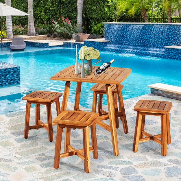 Costway 5pcs Acacia Patio Dining Set W square Table amp 4 Stools Reddish Brown