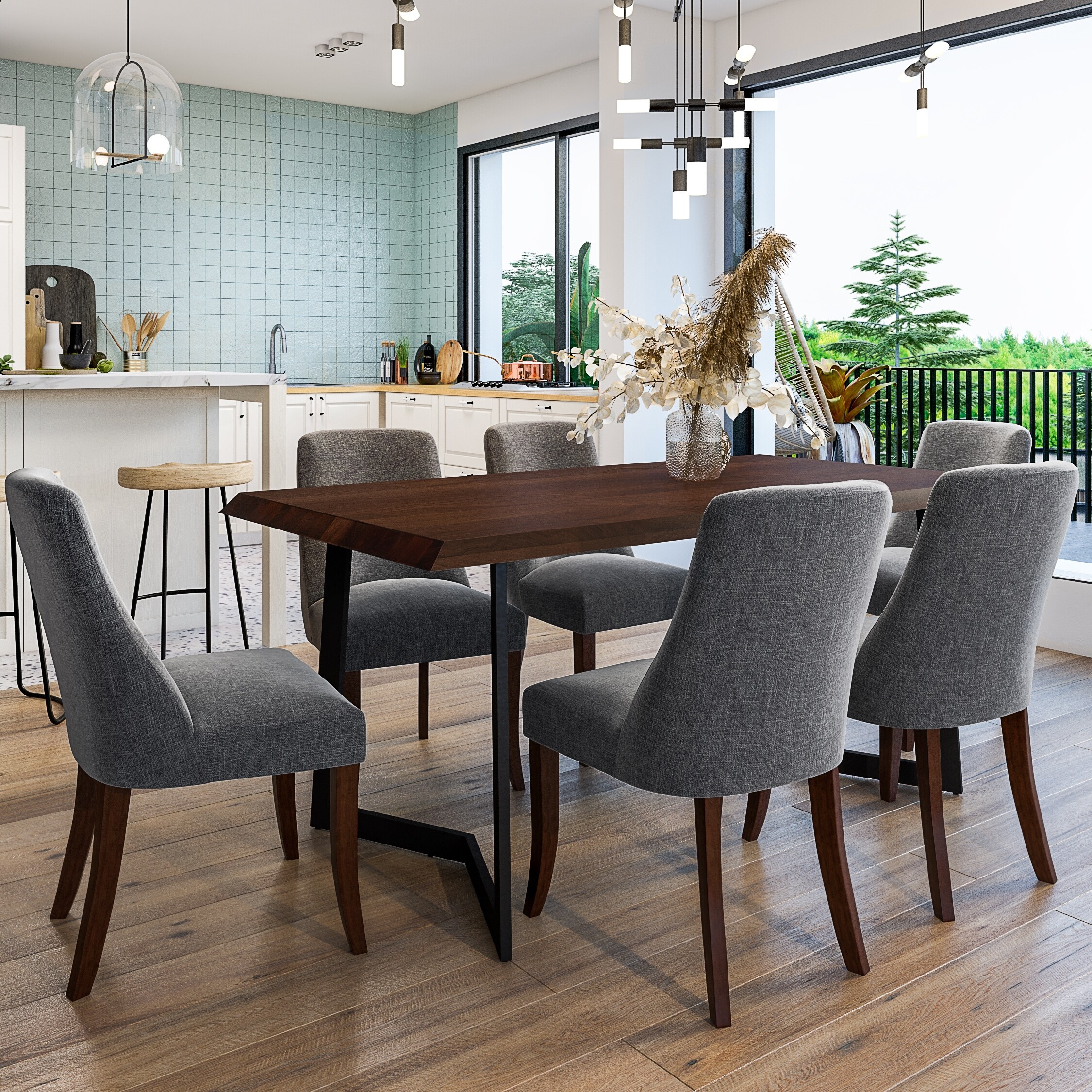 WYNDENHALL Haley Contemporary III 7 Pc Dining Set with 6 Upholstered Dining Chairs in Slate Grey and 72 inch Wide Table