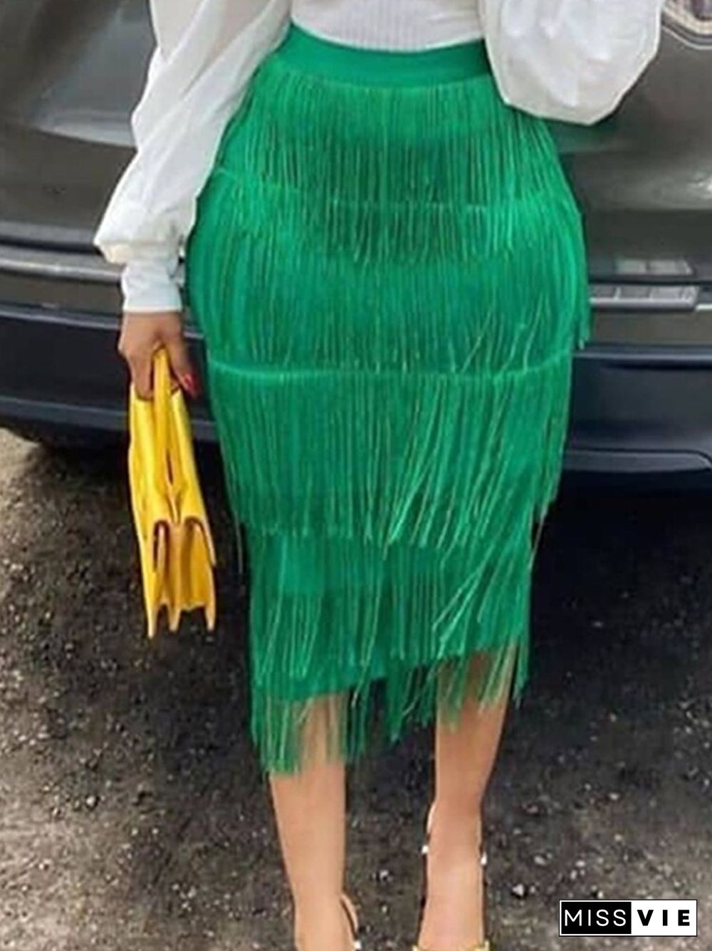 Green Fringe Bodycon Pencil Skirts Tassel High Waist Women Stretch Sheath Midi Length Ladies Slim Jupe Saias Faldas Big Size