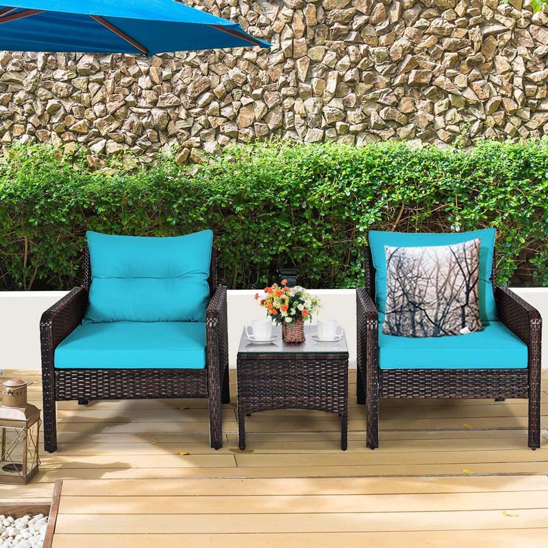 3 Pcs Rattan Wicker Outdoor Bistro Set with Coffee Table & Chairs, All-Weather Patio Conversation Sets