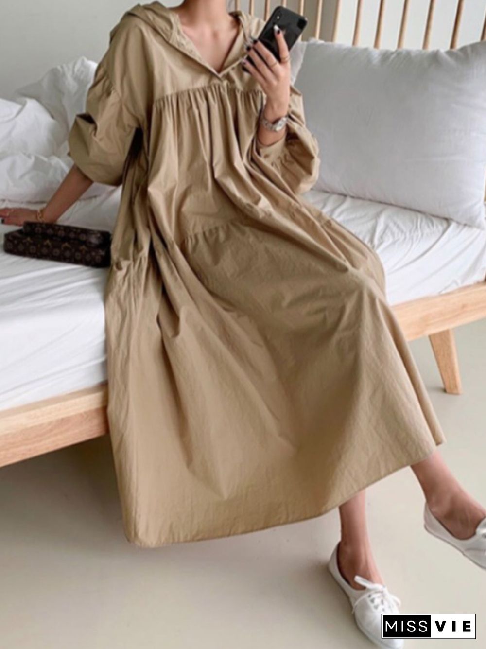 Urban Solid Color Pleated Long Sleeves Hooded Midi Dress