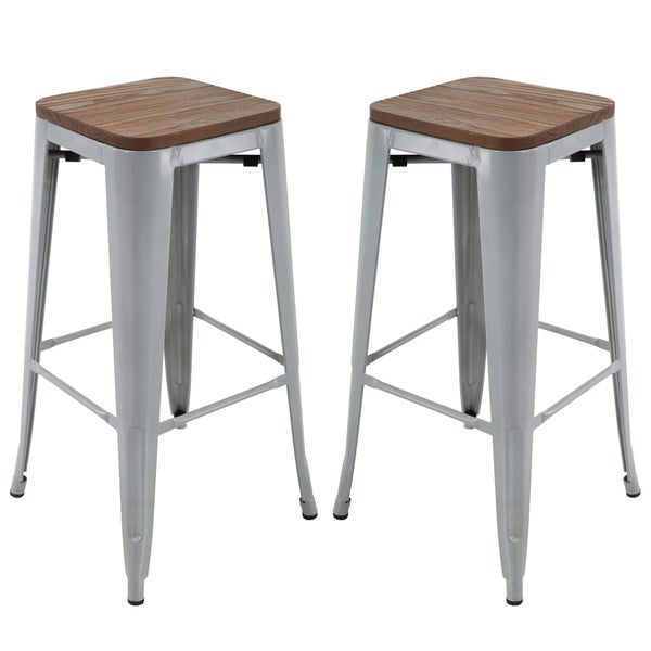 Carbon Loft Borelli Elm Wood/ Brushed Grey Metal 30-inch Bar Stools (Set of 2)