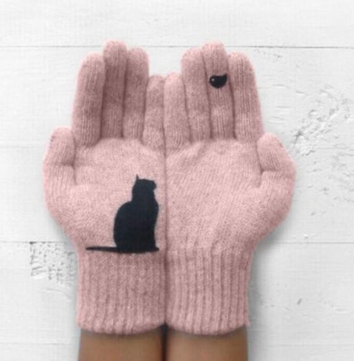 Cat Fan Cotton Gloves，cat Bird Print Gloves Cute Pink Simple Mitten Brand New