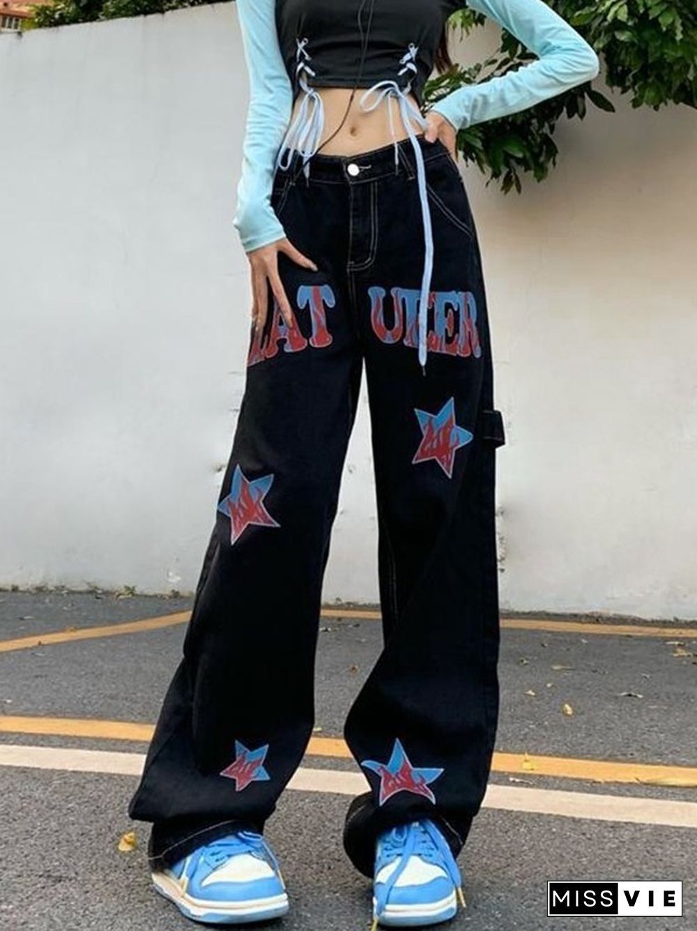 Hip Hop Loose American Star Print Distressed Cargo Jeans