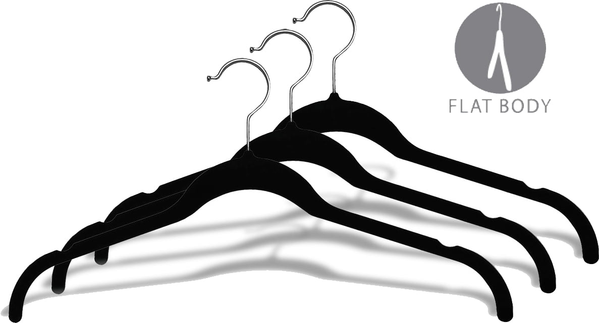 Black Slimline Ultra Thin Shirt Hanger, (Box of 25) Black Velvet Huggable Slim-Line Top Hangers with Chrome Swivel Hook by International Hanger