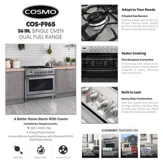 Cosmo Commercial-Style 36 in. 3.8 cu. ft. Single Oven Dual Fuel Range with 8 Function Convection Oven in Stainless Steel F965