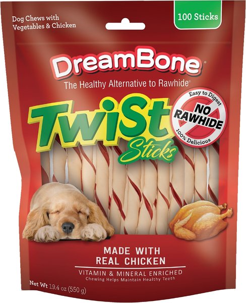 DreamBone Twist Sticks 100 Count， Rawhide-Free Chews Real Chicken Dog Treats， 100 count