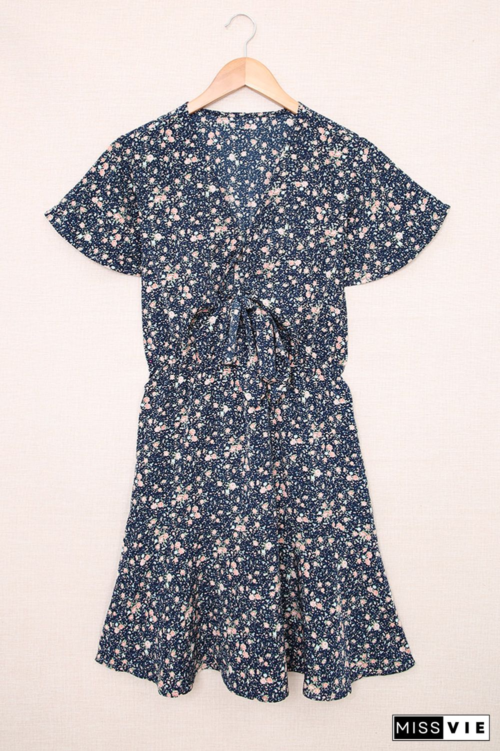 Blue Floral Print Tie Knot Ruffled Short Sleeve Mini Dress