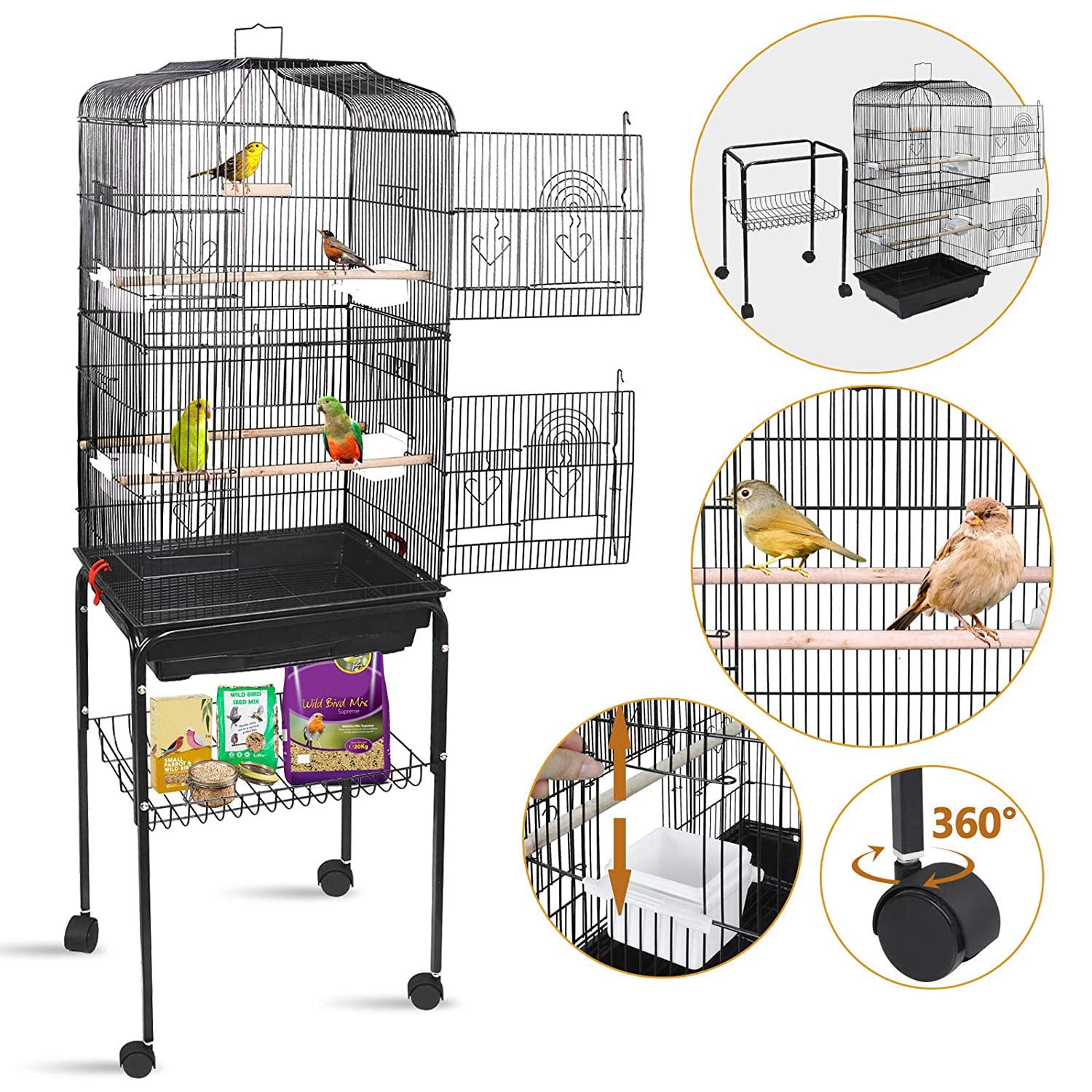 ZENSTYLE 59.3'' Bird Cage with Rolling Stand Wrought Iron Birdcage Medium Pet House