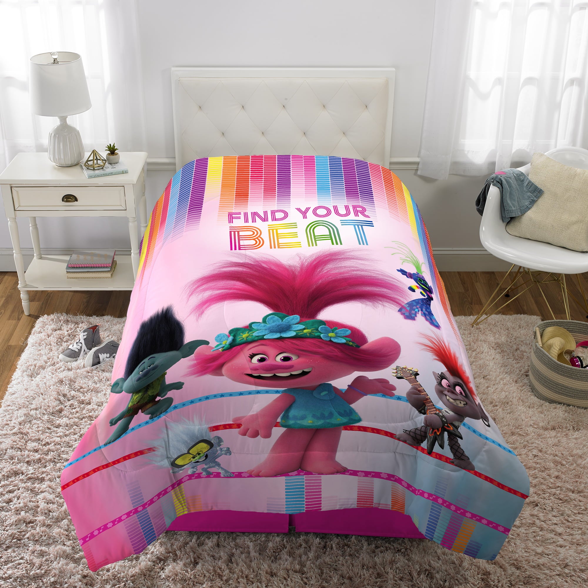 Trolls 2 Kids Comforter and Sham， 2-Piece Set， Twin/Full， Reversible， Pink， DreamWorks