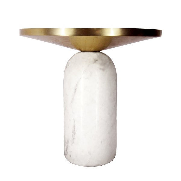 17 Inch Round Brass Modern Accent End Table with Cylindrical Marble Base， Brass， White