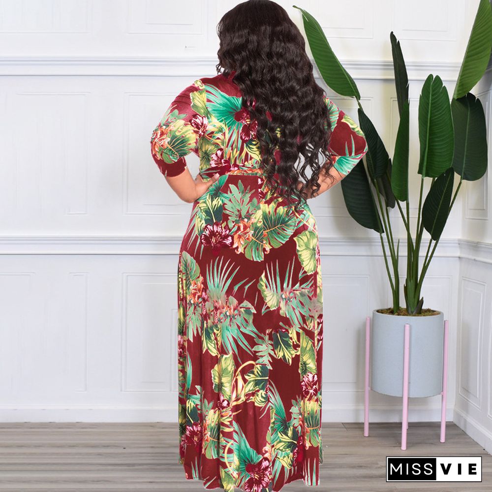 V Neck High Waist Vintage Plus Size Maxi Dress