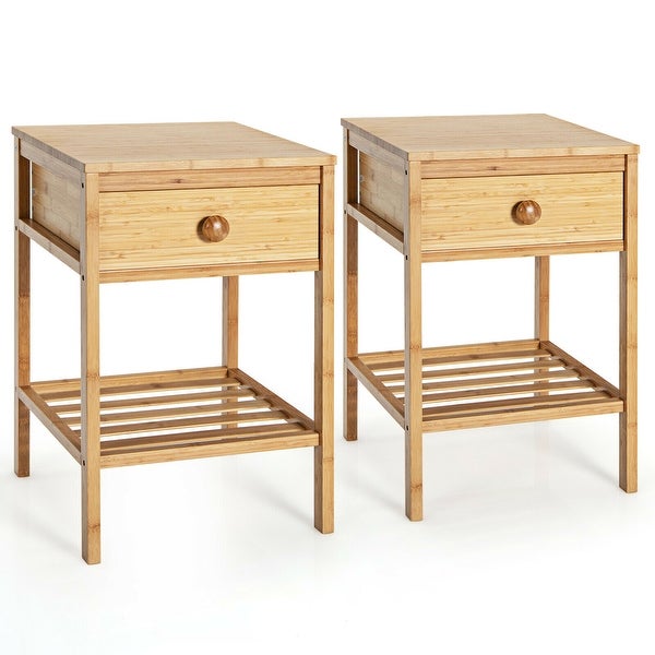 Gymax 2PCS Bamboo Nightstand Natural Side End Table w/Drawer for