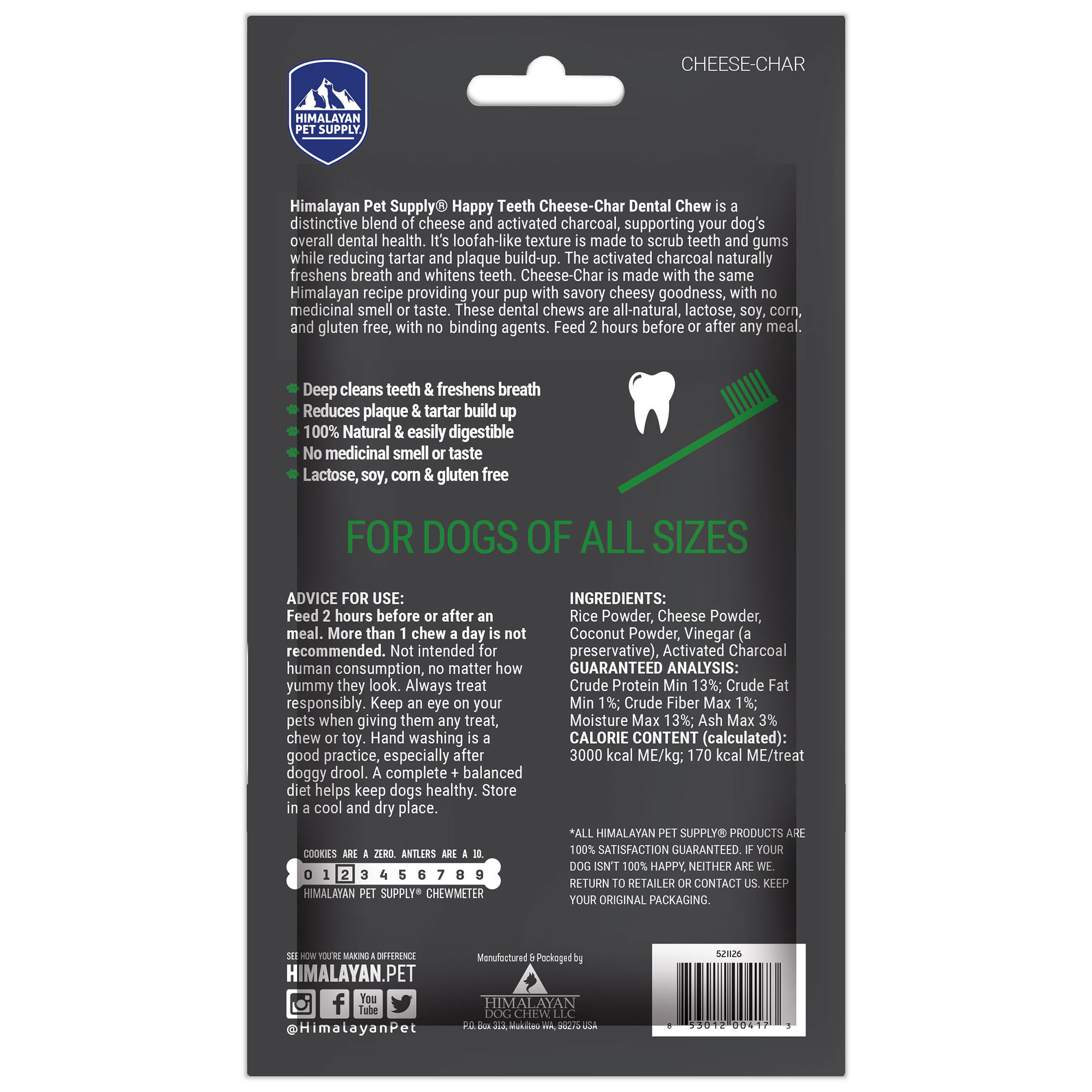 Himalayan Dog Chew Happy Teeth Cheese-Char Dental Chew， 4 oz.， Count of 1