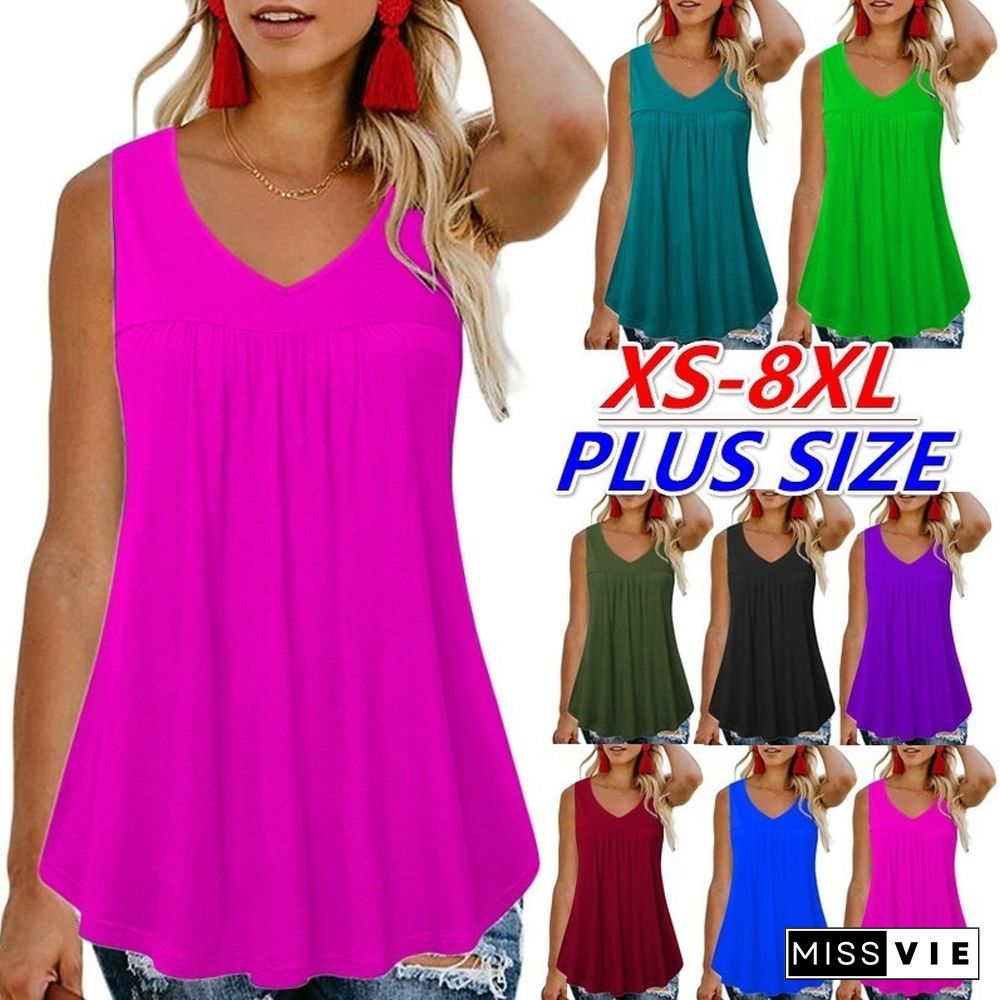 XS-8XL Plus Size Fashion Clothes Summer Tops Women's Casual Tunics Off Shoulder Elegant Camisoles O-neck Blouses Ladies Pleated Loose Vest Solid Color Ruffles Sleeveless Shirts Cotton Tanks Tops