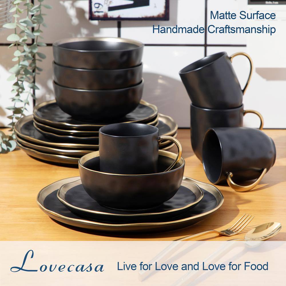 LOVECASA Sweet 16-Piece Black Golden Edge Stoneware Dinnerware Set (Service for 4) LC-GE-DS02