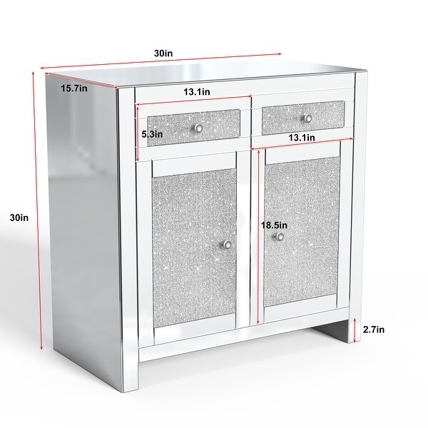 Mirrored Accent Cabinet， Silver TV Console Cabinet Modern Glass Sideboard with 2 Drawers and 2 Cabinets