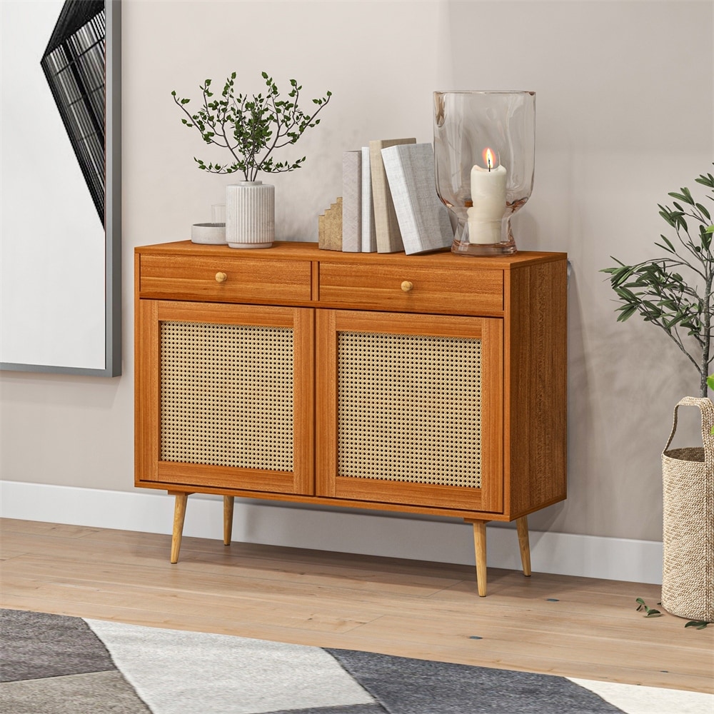 Storage Cabinet with 2 Drawers  Rattan Doors and Wooden Legs