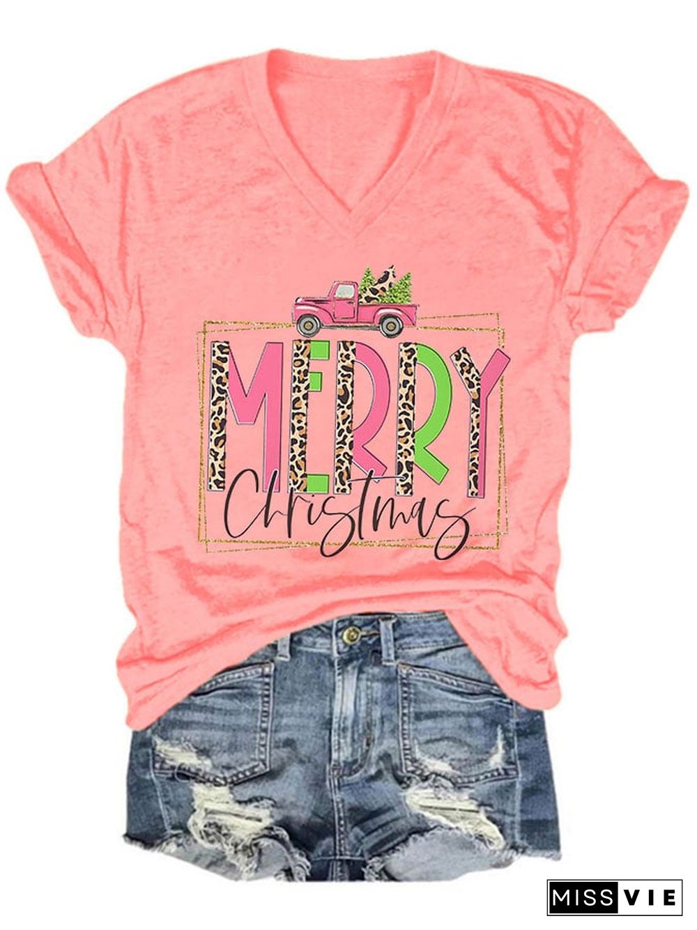 Women's Casual Merry Christmas Printed Short Sleeve T-Shirt