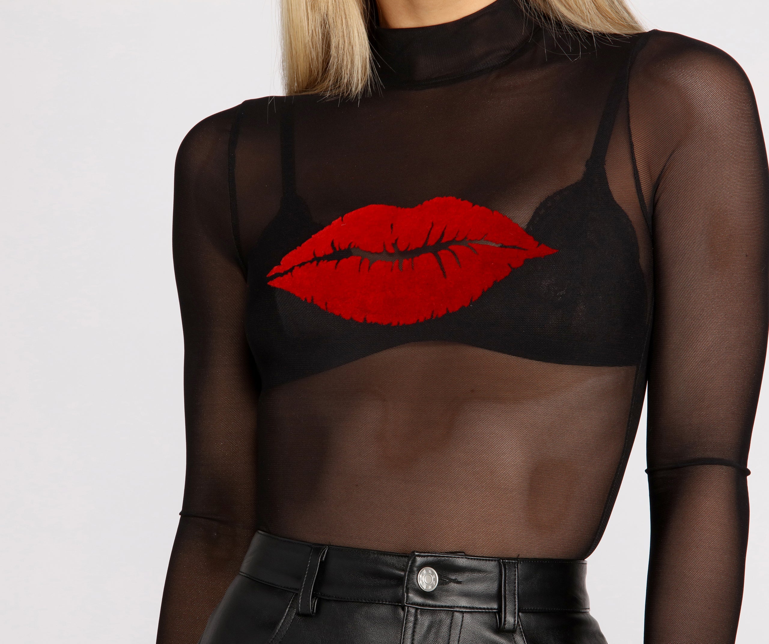 Kiss Kiss Flocked Lips Mesh Top