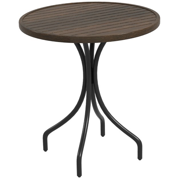 Round Patio Table With Steel Frame And Slat Tabletop For Garden Backyard Porch Balcony Distressed Brown