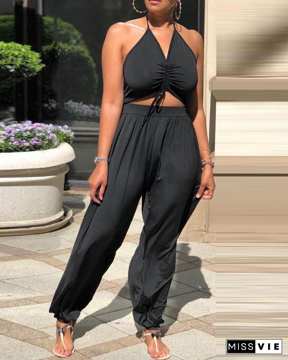 Halter Cutout Plain Drawstring Jumpsuit