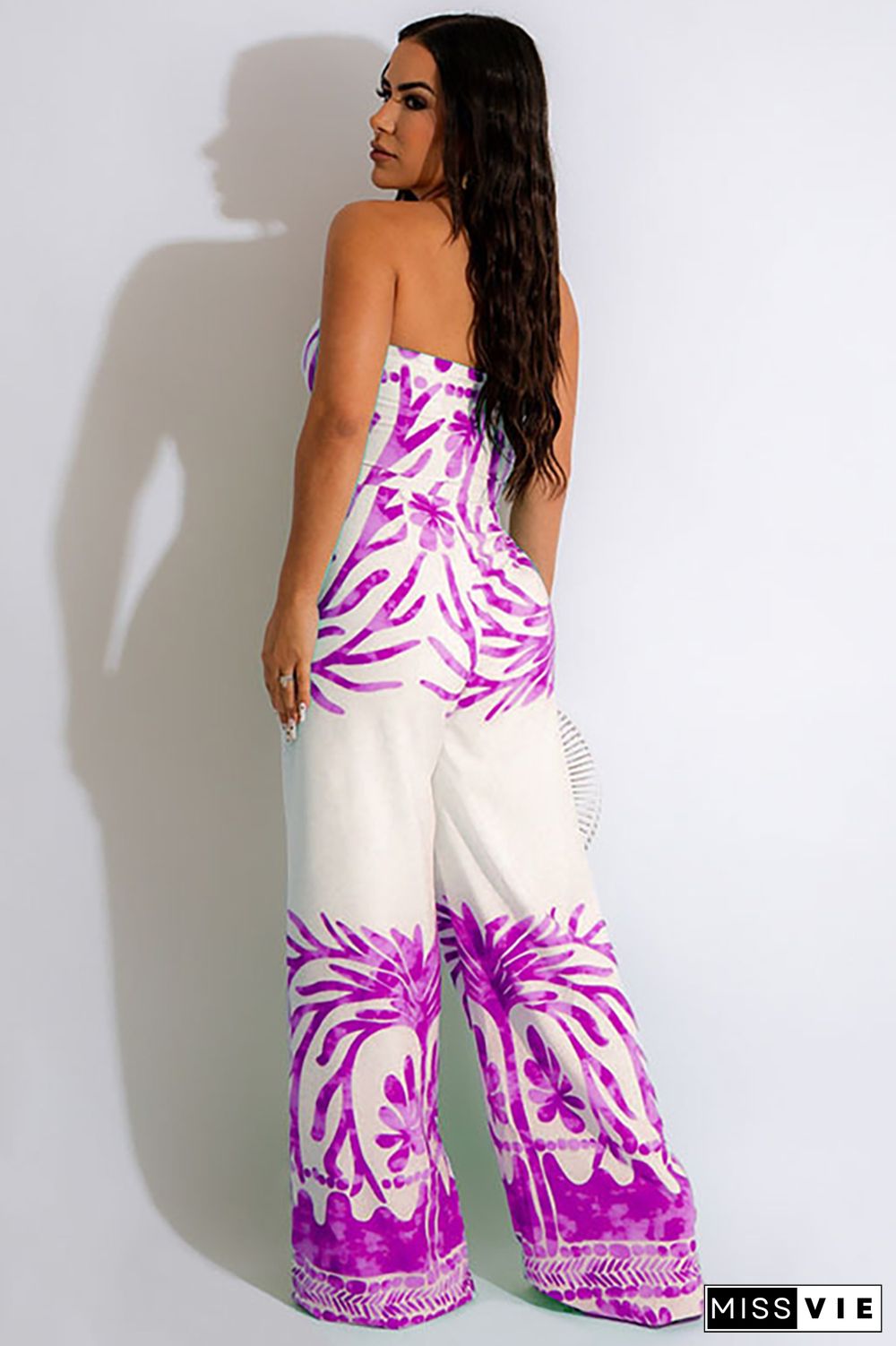 Pattern Print Strapless Ruched Tie Crop Top Wide Leg Vacation Pants Matching Set