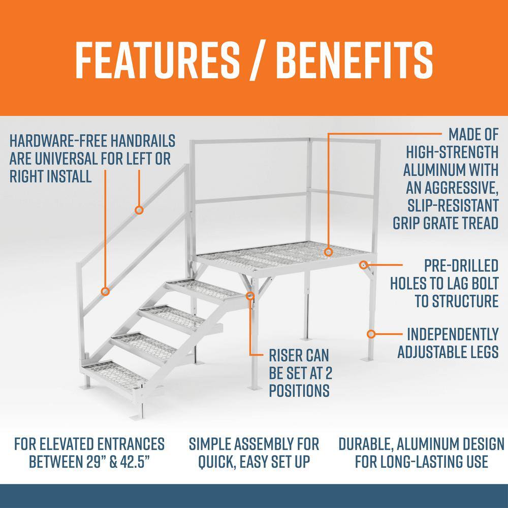 EZ-ACCESS Fortress 29 in. to 42.5 in. H OSHA Compliant Aluminum 4-Riser Stair System with Grip Grate Tread and Platform FORGG2942